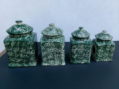 VTG. ( 4 PIECE CANSTER SET ) GREEN SPONGEWARE APPLE ON FRONT WITH LIDS UNUSED - Picture 3 of 5