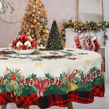 Christmas Rose Themed Tablecloth, Luxurious and Beautiful Bells and Christmas Ba