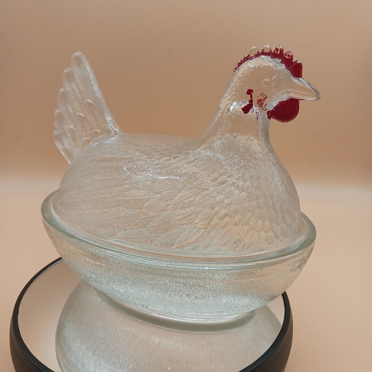 Indiana Glass Clear Hen on Nest Beadless Nest Red Paint Accents