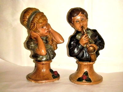 PAIR KENDRICH 1971 UNIVERSAL STATUARY BOY PRACTICES SAXOPHONE GIRL TOO LOUD 136B