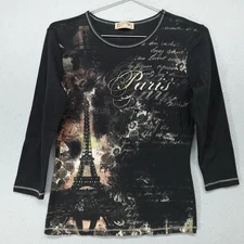 Y2K Shirt Womens Medium Paris Eiffel Tower Rhinestone Made in USA Blue Canyon