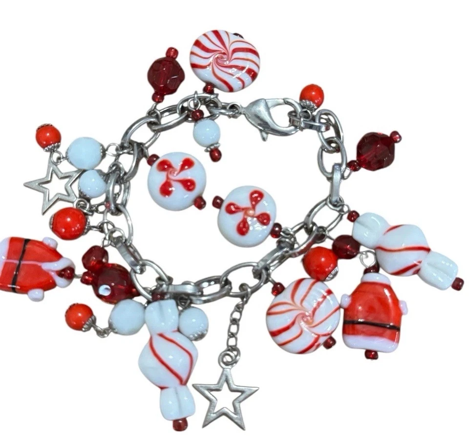 Christmas Bracelet Santa Candy Peppermint Glass Beaded Chunky Silver Tone 8 Inch Foto 4 de 4