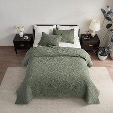 Cotton Quilt Queen Size Olive Bedding Set, Water-Washed 3-Piece Cozy Lightwei...