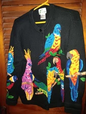 The Quacker Factory sweater Size LG  Black With Parrots Birds from QVC 