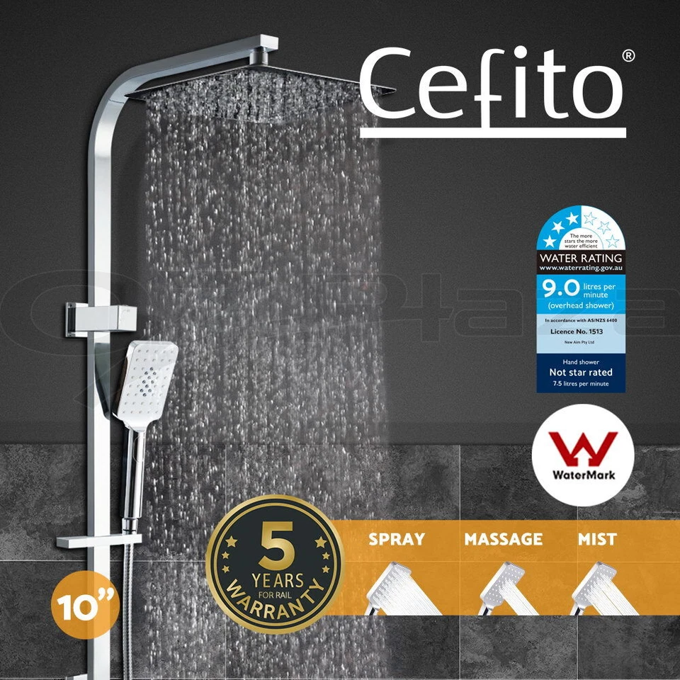 Cefito 10'' Rain Shower Head Set Square Handheld High Pressure Wall Chrome