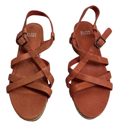 Women's Eileen Fischer Size 7 Orange Coral Cork Wedge Sandals Strap Summer Shoe - Picture 2 of 12