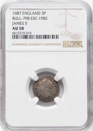 England - 1687 James II Maundy 3 pence - NGC AU58 - FINEST GRADED - TOP POP!