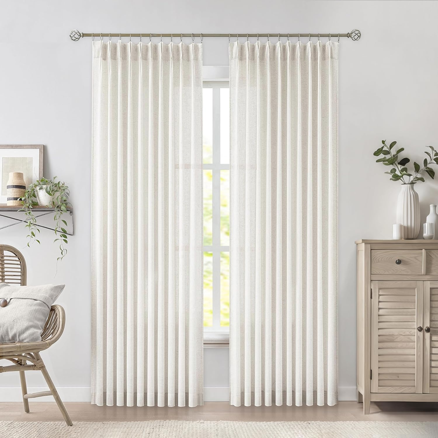 Natural Pinch Pleat Sheer Curtains 84 Inches Long,Rustic Linen Drapes for Living