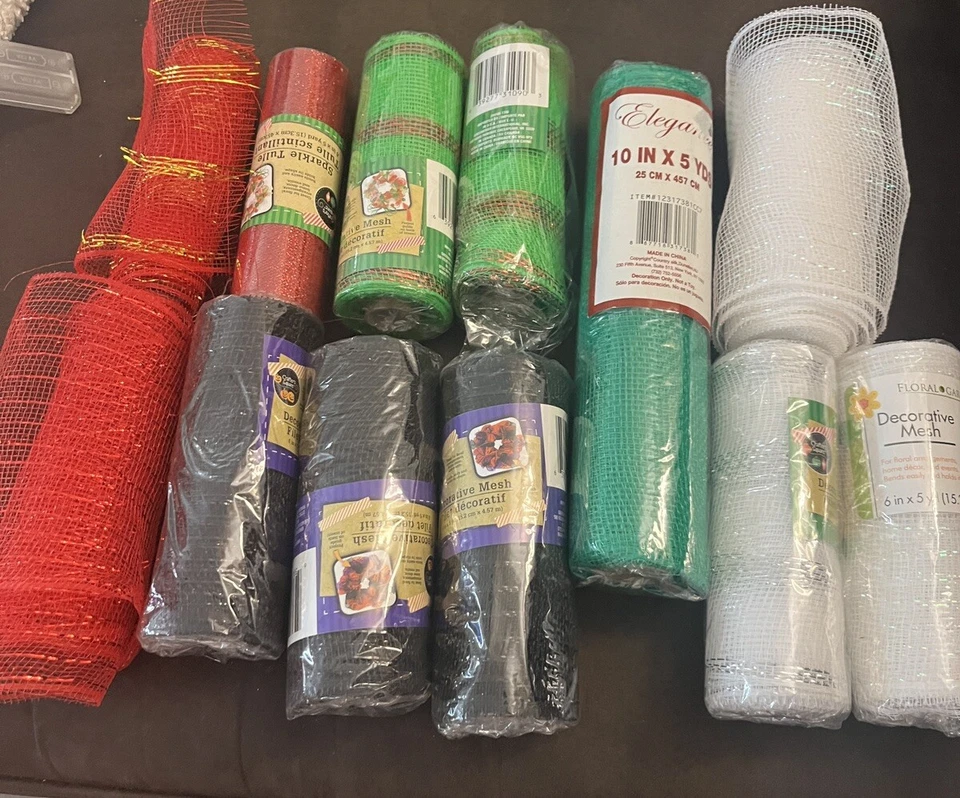 Lote de Coronas Deco Malla Navidad Brillante Rojo Iridiscente Negro Blanco Verde Suministros Foto 2 de 4