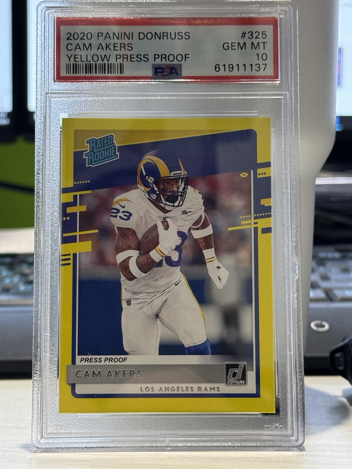 2020 Panini Donruss #325 Cam Akers Yellow Press Proof Rated Rookie PSA 10 - Rams