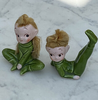 Vintage Pixie Elf Girls w/Blonde Hair Ceramic Figurines - Set Of Two - Japan