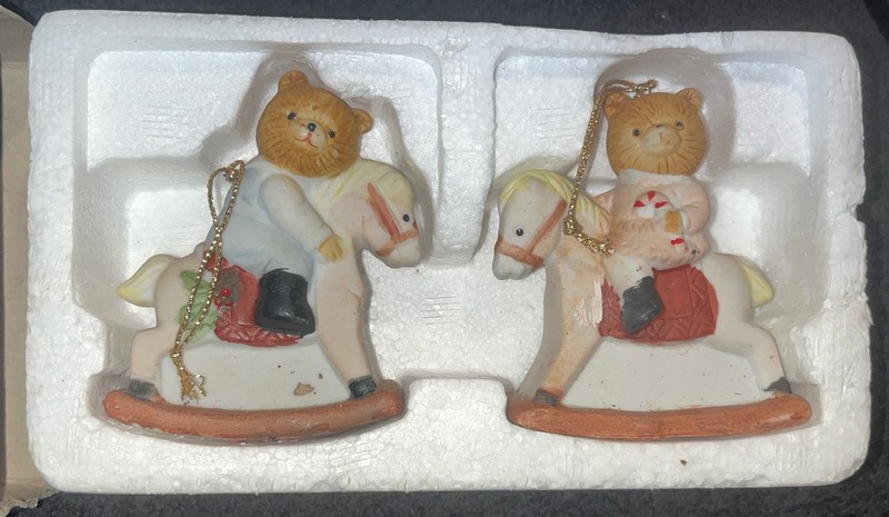 Rocking Horse Bears Christmas Ornaments Hand Painted Porcelain Bisque Vintage