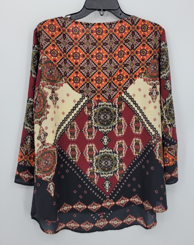 Fig and Flower Top Womens Plus 1X Colorful Scarf Print Long Sleeve Boho