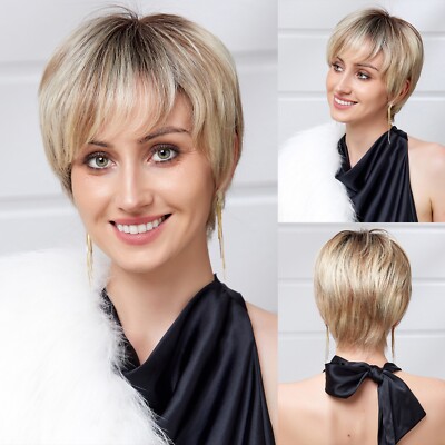 Short Pixie Cut Wigs Honey Blonde with Ginger Brown Human Hair Lace Front Wigs