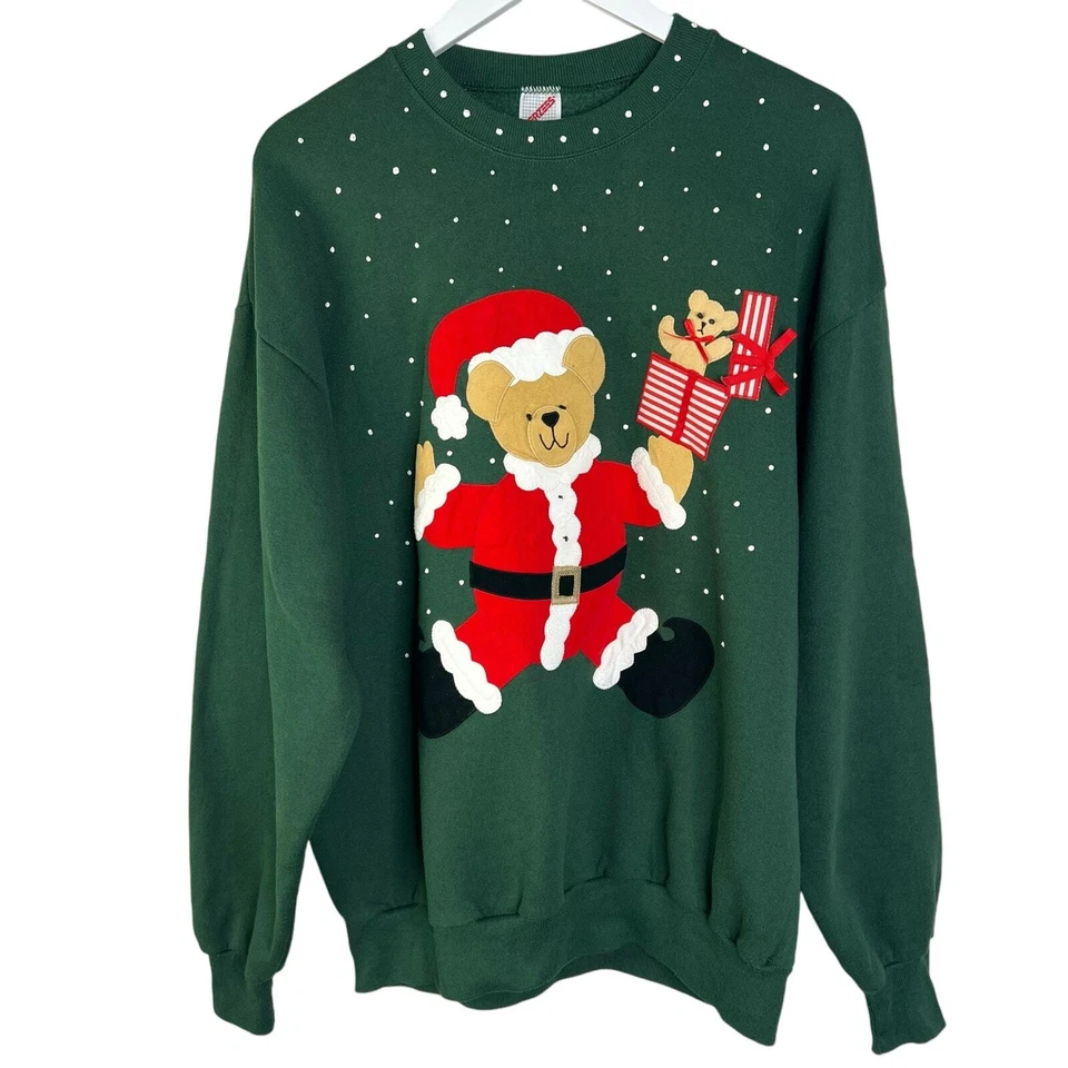 Sudadera Vintage Jerzees Talla XL Verde Oso de Peluche Navidad Cuello Redondo Foto 3 de 4