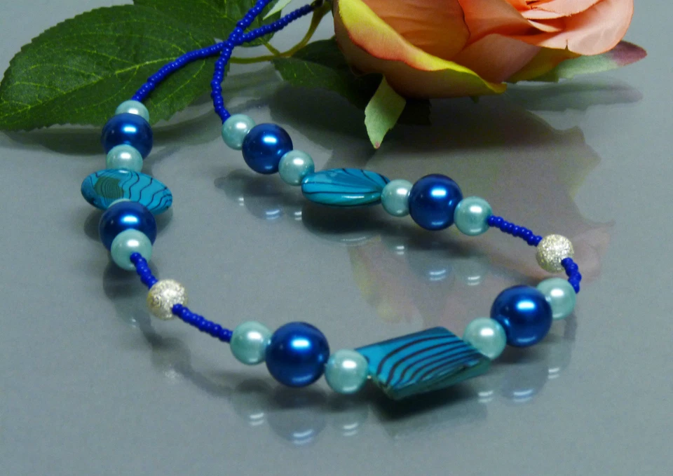 Glass Jewels Silber Kette Halskette Collier Perlmutt Perlen Blau Türkis #A025 - Bild 2 von 3