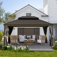 Domi 10x14Ft Hardtop Gazebo Double Roof w/Curtain&Netting,Built-in gutter system