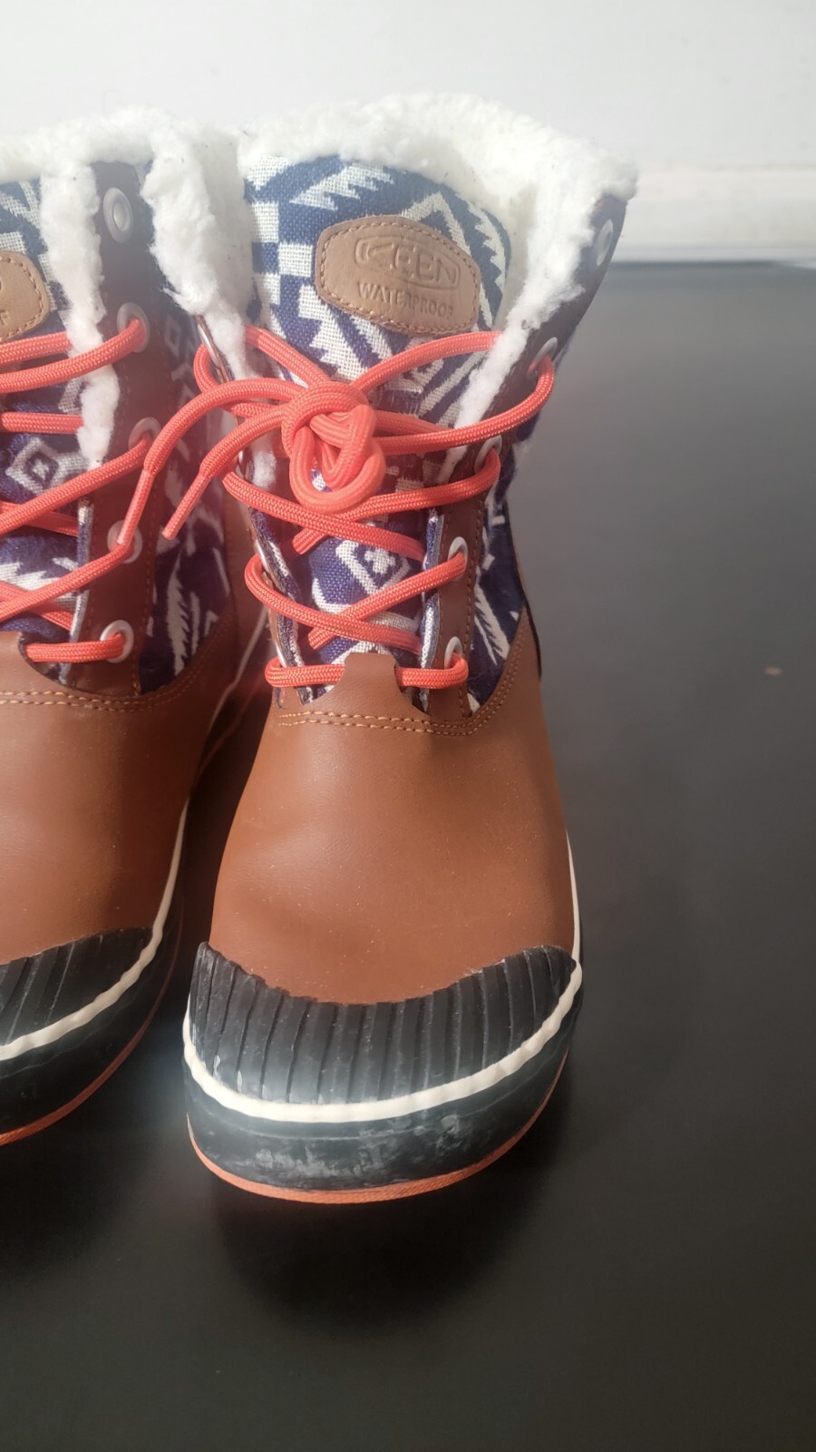 KEEN Stivali invernali in pelle marrone e tessuto blu con lacci Elsa Sherpa foderati 1013730 6