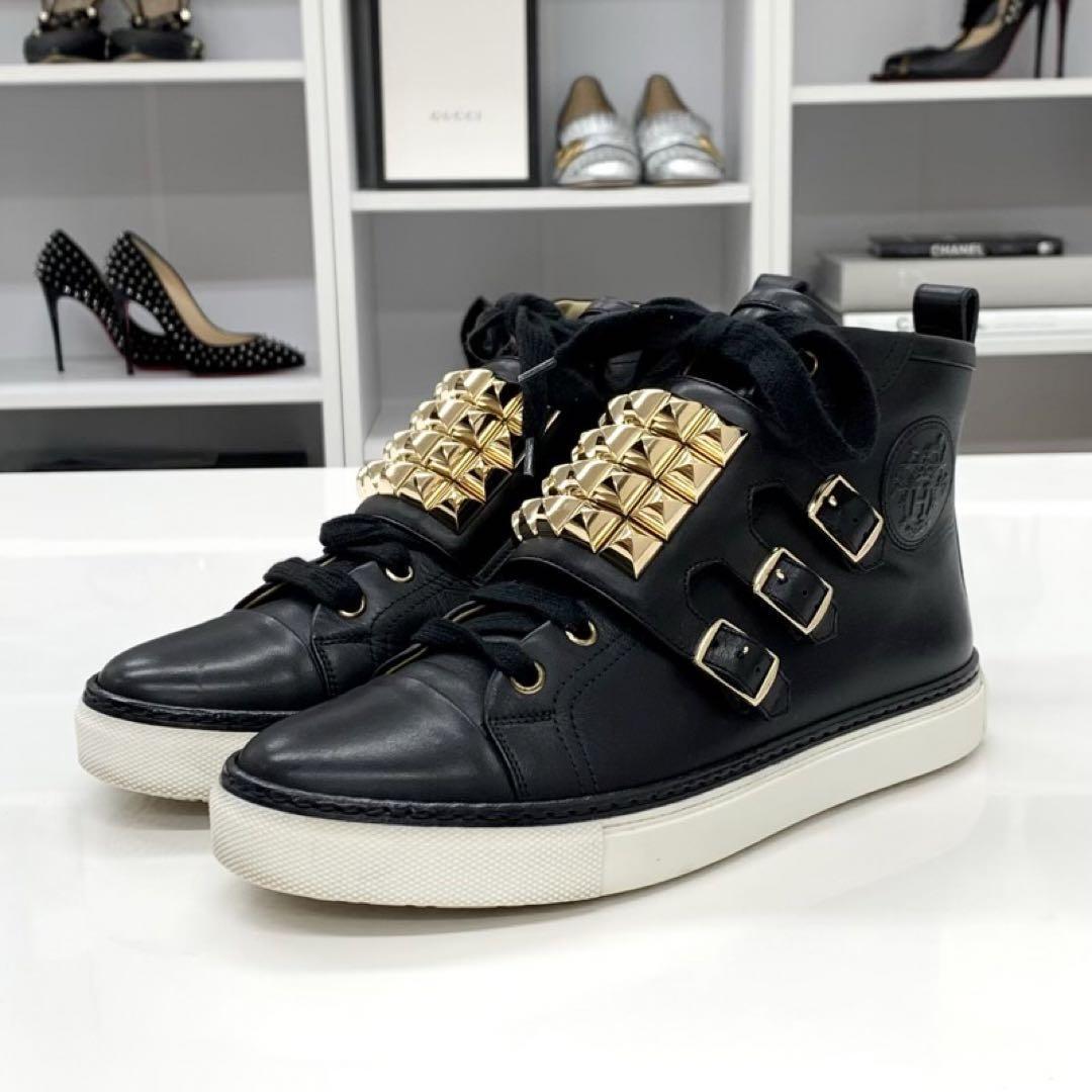Hermes Lenox Leather Exlibris Studded High Top Sneakers Box Black