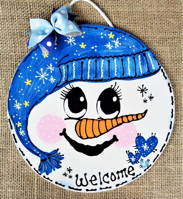 SNOWMAN Face CIRCLE SIGN Wall Art Door Plaque WINTER Christmas Wreath Welcome