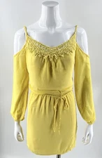 Bisou Bisou Mini Dress Size 2 Canary Yellow Cold Shoulder Tie Waist Womens