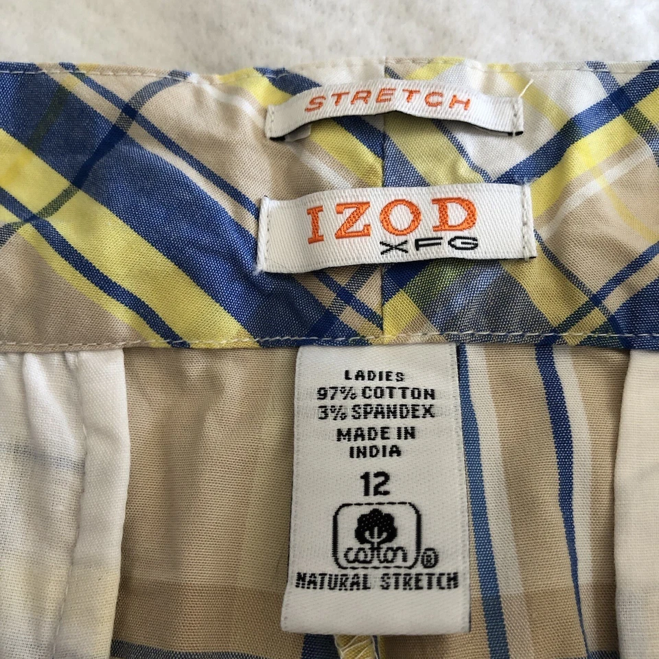 Pantalones Cortos Bermudas Izod XFG Para Mujer 12 Largos A Cuadros Azul Amarillo Tostado Bolsillos Golf Foto 3 de 4