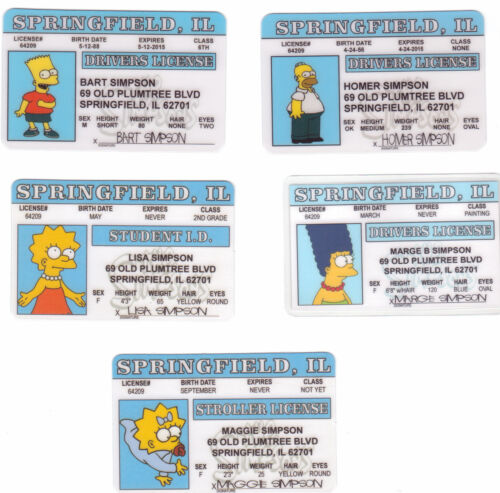 5 nouveautés amusantes permis de conduire Les SIMPSONS Homer Simpson Marge Bart Lisa Maggie - Photo 1 sur 1