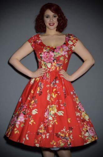 Abito The Pretty Dress Company rosso vestibilità floreale e svasato anni '50 UK16 NUOVO CON ETICHETTE - Foto 1 di 10
