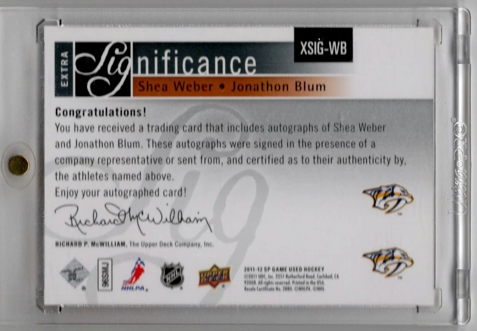 2011-12 SP Jogo Usado Extra Significado Shea Weber & Jonathon Blum Auto #22/25 - Imagem 2 de 2