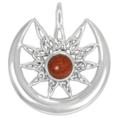 Sterling Silver Celtic Knot Sun Burst and Crescent Moon with Goldstone Gem