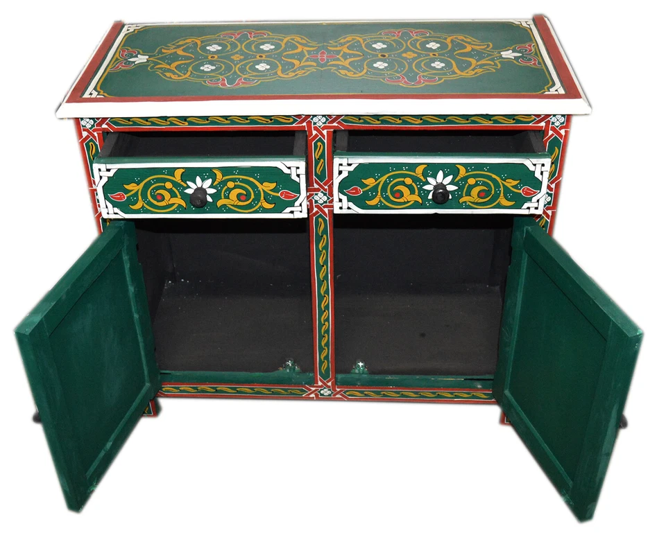 Beba marroquí mesita de noche mesa de madera morisca hecha a mano y pintada doble verde Foto 3 de 4