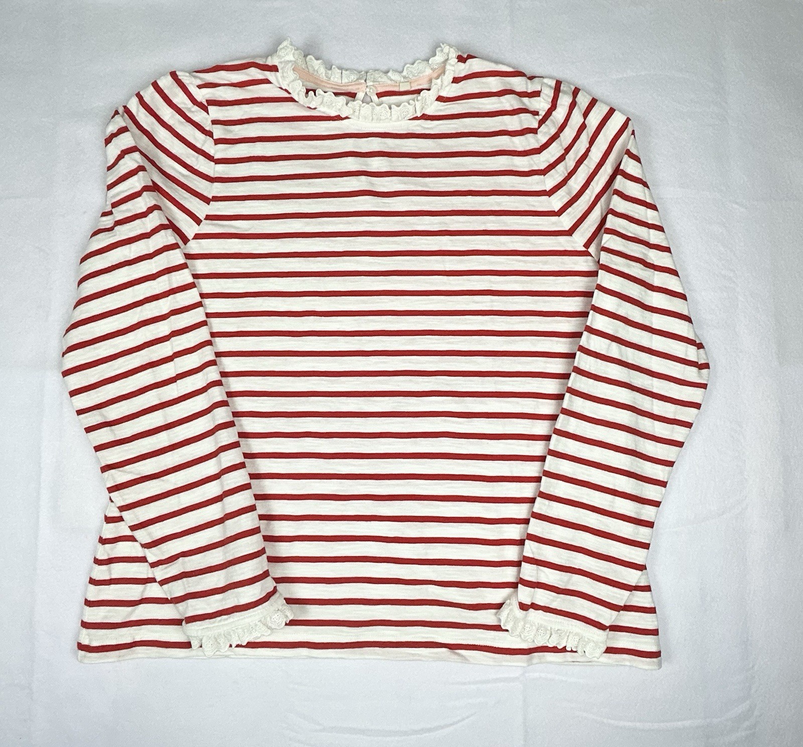 Boden Striped Top Womens 14 Red White Lace Trim Puff Sleeve Cotton