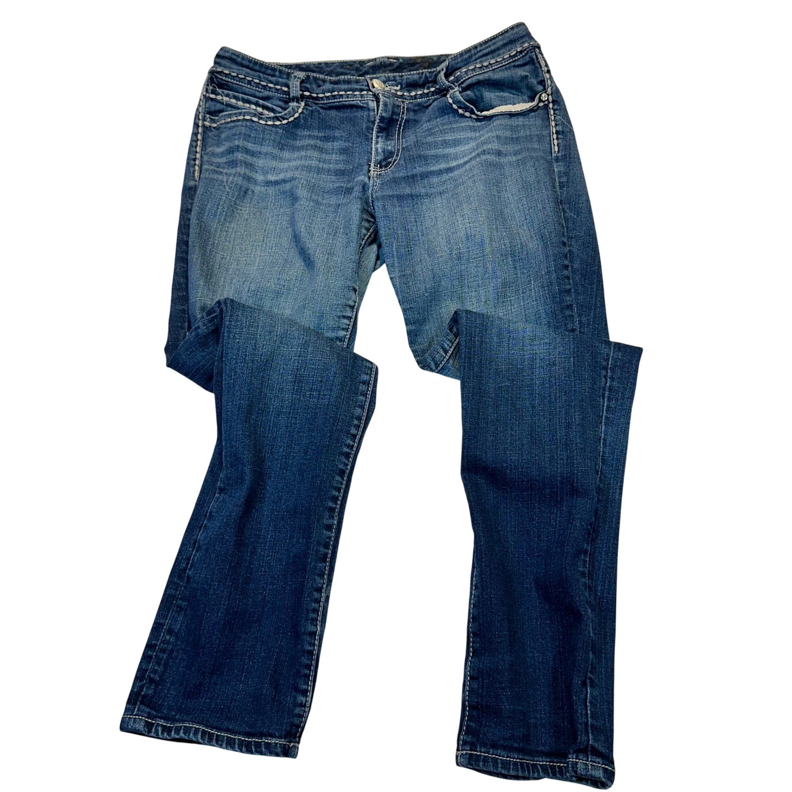 Seven7 Womens Bootcut Jeans Blue Medium Wash Contrast Stitch Embellished Size 31