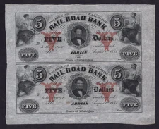US 1853 ADRIAN, MICHIGAN PAIR UNCUT $5.00 ERIE & KALAMAZOO RAILROAD BANK