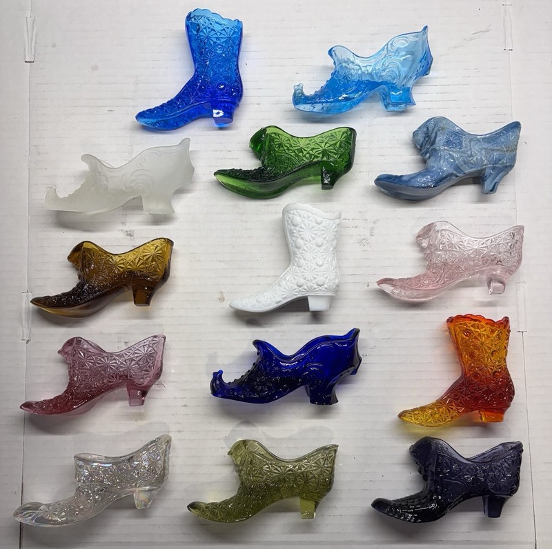 Lot of 14 Glass Slippers And Boots mix of Fenton, Boyd, Mosser, And More