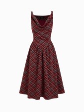Cider Sleeveless Plaid Midi A-Line Dress Red Gray Cowl Neck Lined S