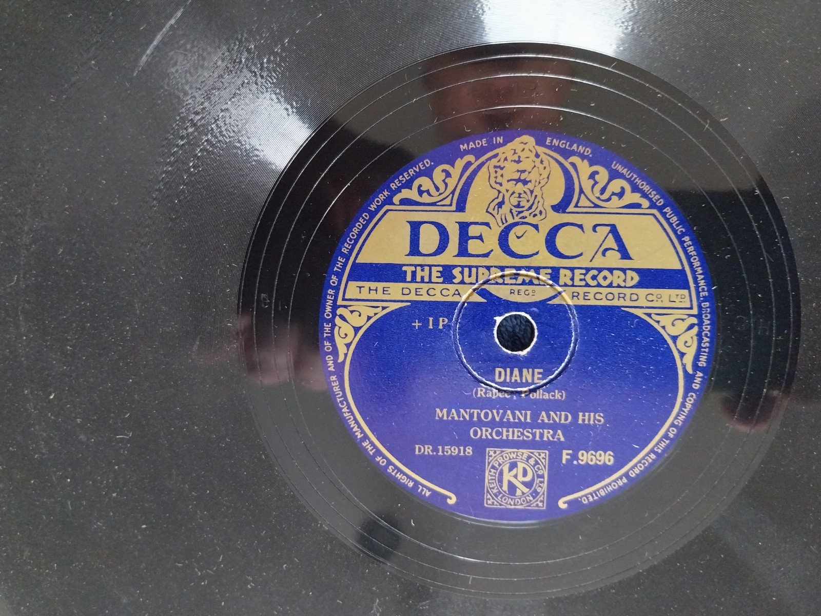 Mantovani And His Orchestra: Diane / Charmaine 10" Shellac 78 1951 Excellent