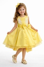 Girls Yellow Satin Formal Dress with White Mesh Lace Bow and Floral Detail