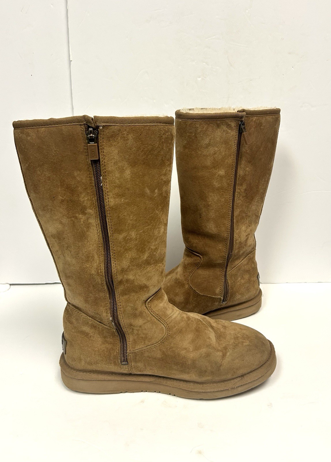 UGG Australia Boots Women 8 Alber Chestnut Suede Tall Zip Up Suede Sheepskin
