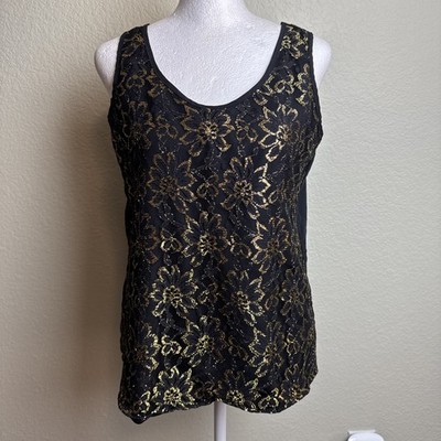 Gianna Women's Top Fancy Black Gold Floral Embroidery Size M Cami Tank Blouse