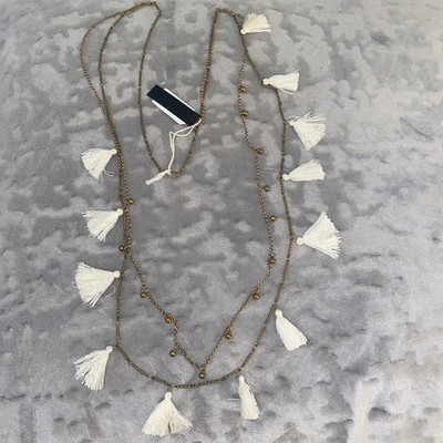 Long White Tassel Gold Tone Necklace New Free Shipping!