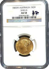 VERY RARE R2 AU58 1883 Melbourne Victoria Shield Back Gold Sovereign Coin 1883M