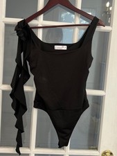 Women's Black Square Neck Sleeveless Ruffle Detail Bodysuit Size M