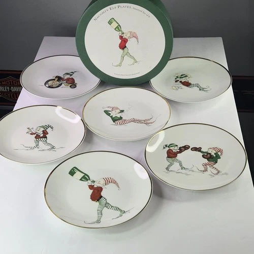 Vintage Restoration Hardware Naughty Elf Set 6 Salad Plates Boxed Christmas