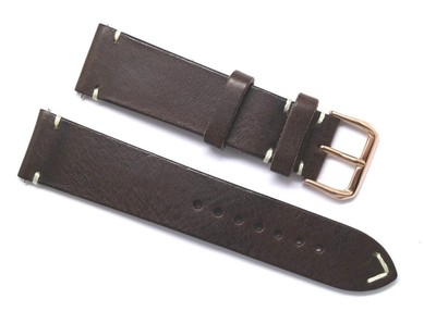 21mm 22mm Brown Genuine Leather Classic Style Watch Band W/ Rose Gold Buckle