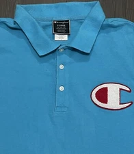 Champion XL Short Sleeve Blue Polo Shirt Logo Embroidered Cotton Shirt