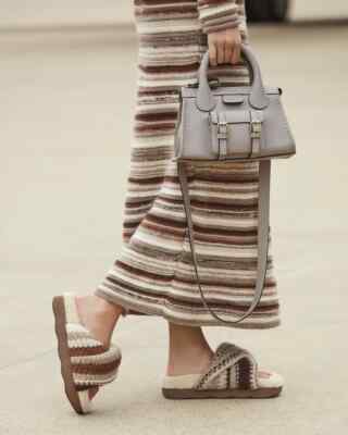 Chloe Wavy Knit Shearling-Trim Slides Shoes Size 36 MSRP