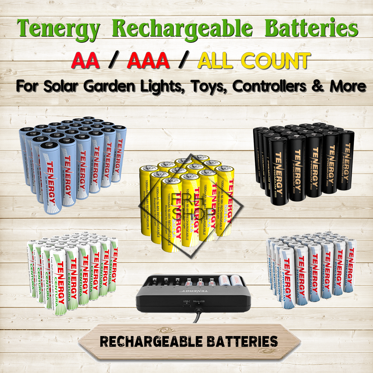 Tenergy Rechargeable Batteries NiMH AA / AAA mAh lot Solar Garden Lights Devices-image