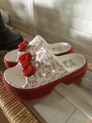 Hello Kitty Crocs Stomp Slides Womens 7 White Red Slip on Shoes Anniversary NEW