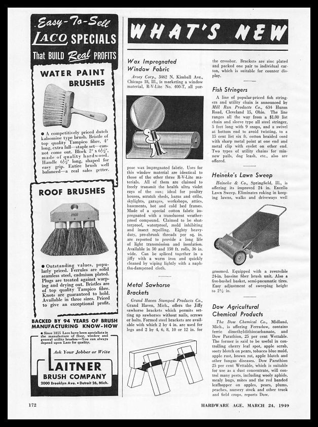 1949 Laitner Brush Co. Detroit Michigan Water Paint And Roof Brushes Print Ad